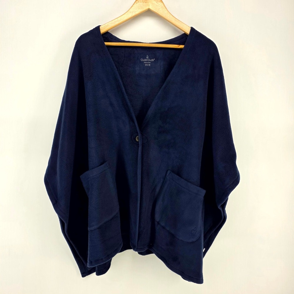 Cuddl Duds Fleece Wrap Women OS M Navy Blue Button Front Pocket Cozy Loungewear